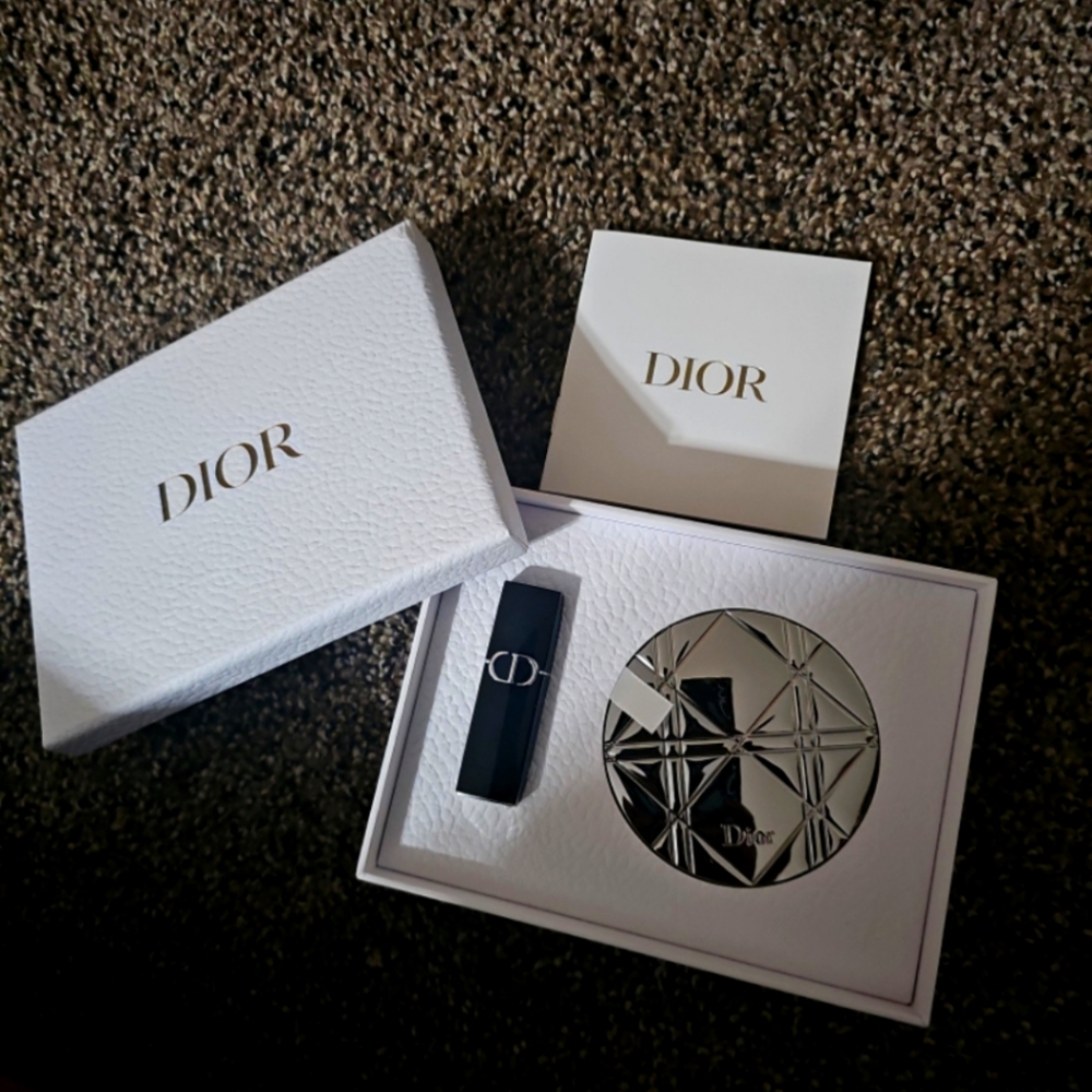 Dior Makeup Set with Silver Compact and Lipstick